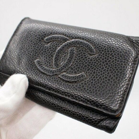 CHANEL CAVIAR SKIN CC LOGO KEY CASE HOLDER WALLET BLACK - Picture 3 of 11